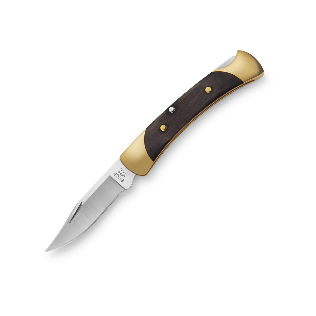 Buck 55 pocket knife with a clip point blade, brass bolsters, and genuine ebony wood handle scales.