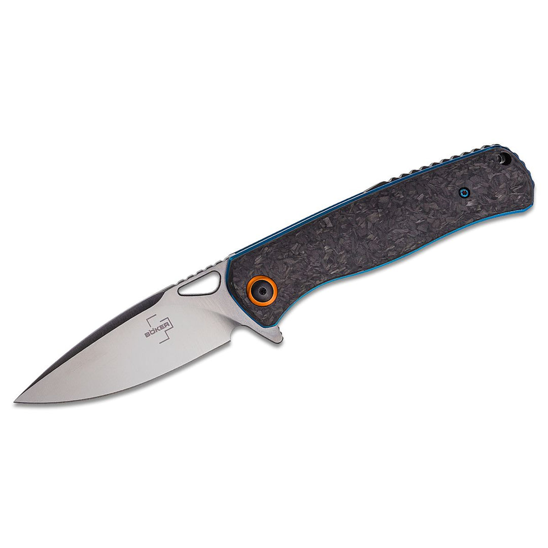 Boker Plus Nebula pocketknife with carbon fiber handle, satin D2 spearpoint blade, and orange pivot ring.