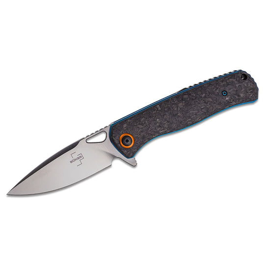 Boker Plus Nebula pocketknife with carbon fiber handle, satin D2 spearpoint blade, and orange pivot ring.