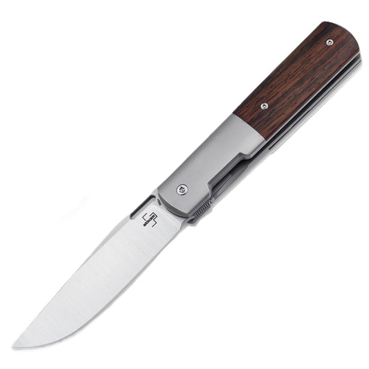 Boker Urban Barlow folding knife with M390 steel blade and cocobolo wood and titanium handle.