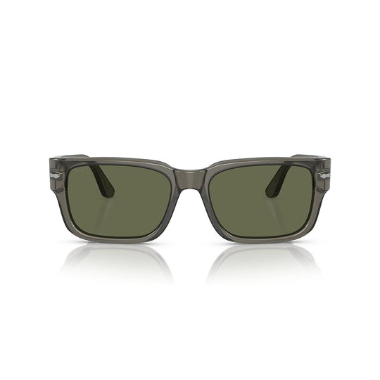 Persol rectangular sunglasses with a translucent grey acetate frame and green polarized lenses.