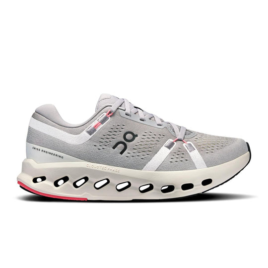Women's On Running Cloudsurfer 2 in grey with breathable mesh upper, white CloudTec Phase midsole, and pink accents.