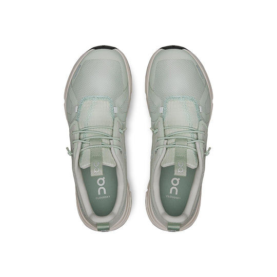 Top-down view of sage green On Running Cloud Sky youth sneakers with breathable mesh and speed-lacing system.