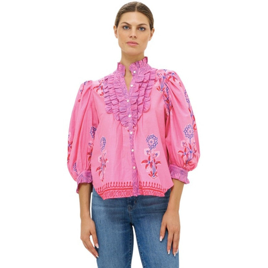Oliphant Ruffle Front Button Blouse-Women's Clothing-Boca Pink-XS-Kevin's Fine Outdoor Gear & Apparel