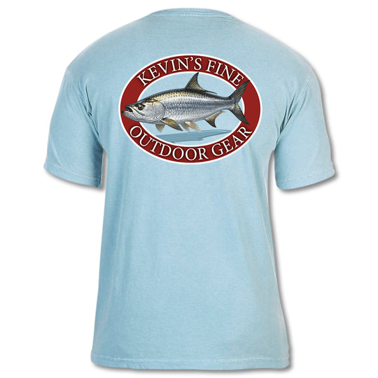 Light blue Comfort Colors cotton t-shirt featuring a vintage tarpon fish graphic inside a red circular logo on the back.