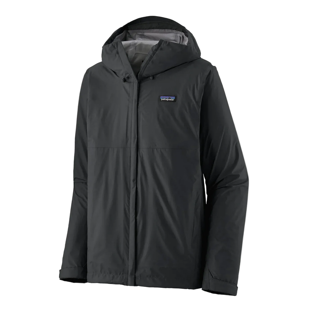 Black Patagonia Torrentshell 3L waterproof rain jacket with an adjustable hood and front zipper closure.