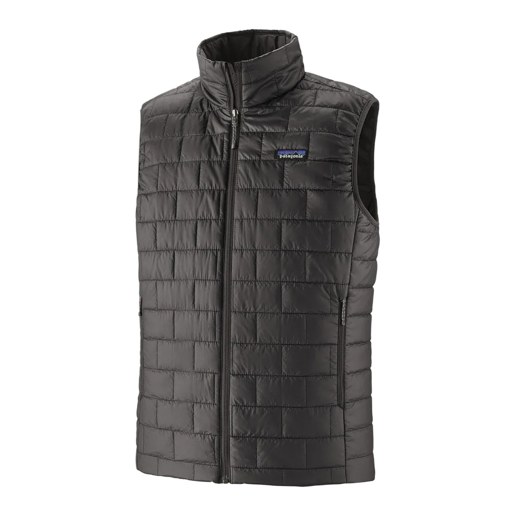 Black Patagonia Nano Puff insulated vest with horizontal brick quilting and a full-zip front on a white background.