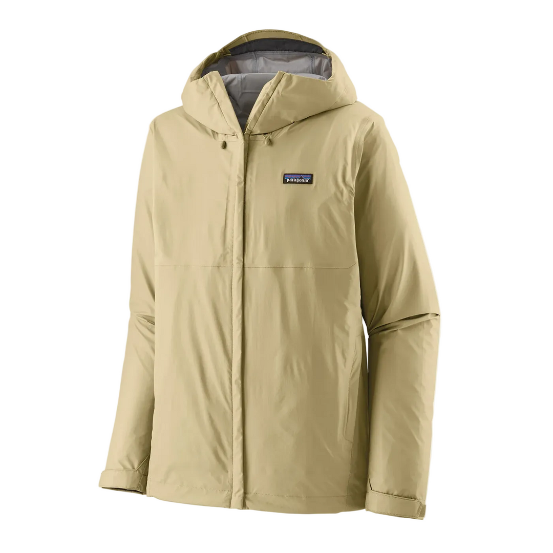 Tan Patagonia Torrentshell 3L waterproof rain jacket with an adjustable hood and front zipper closure on white background.