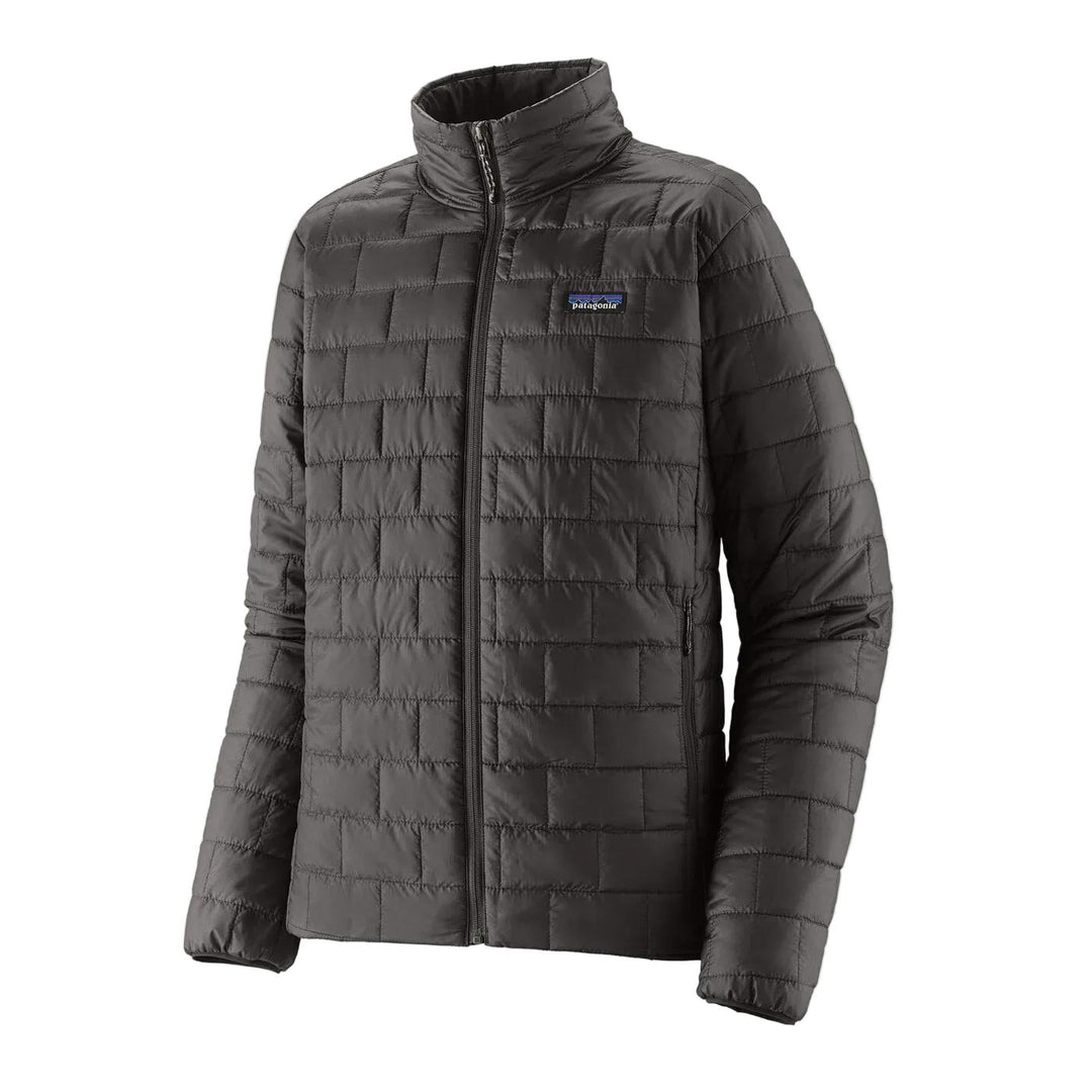 Black Patagonia Nano Puff jacket featuring a brick-quilted design, full-zip front, and stand-up collar.