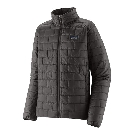 Black Patagonia Nano Puff jacket featuring a brick-quilted design, full-zip front, and stand-up collar.
