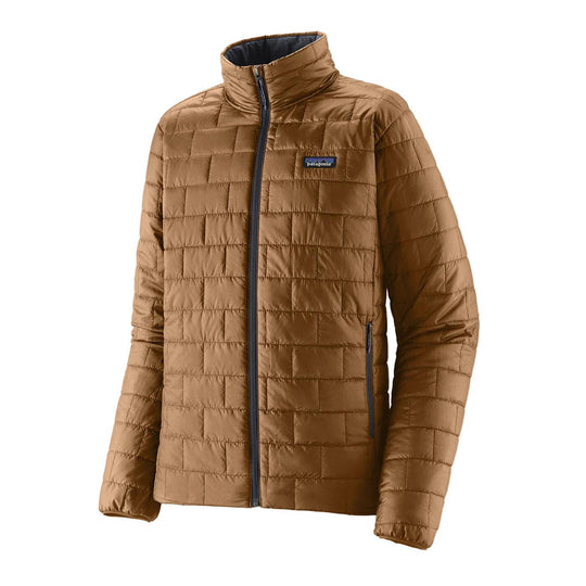 Brown Patagonia Nano Puff insulated jacket with brick-pattern quilting, full-zip front, and chest logo.