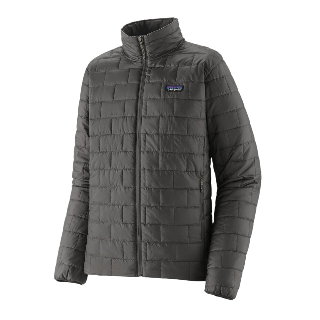 Men's black Patagonia Nano Puff jacket with a brick-quilted design, full-zip front, and chest logo on a white background.