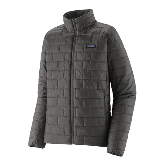 Men's black Patagonia Nano Puff jacket with a brick-quilted design, full-zip front, and chest logo on a white background.
