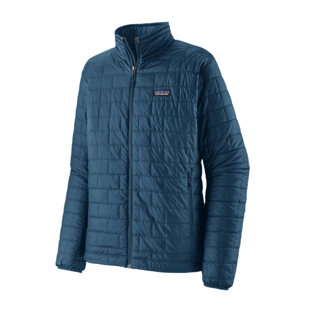 Blue Patagonia Nano Puff insulated jacket with a quilted ripstop shell, stand-up collar, and zippered hand pockets.