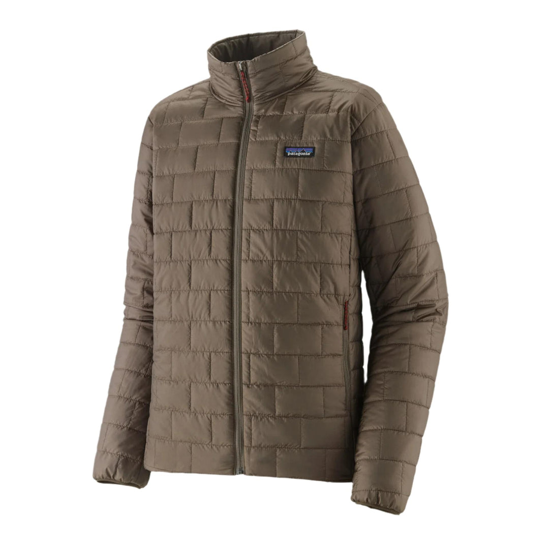 Brown Patagonia Nano Puff insulated jacket with brick-pattern quilting, full-zip front, and chest logo.