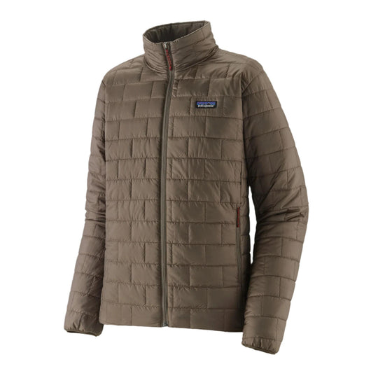Brown Patagonia Nano Puff insulated jacket with brick-pattern quilting, full-zip front, and chest logo.