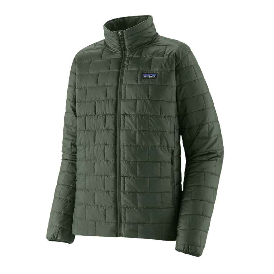 Olive green Patagonia Nano Puff jacket with a brick-quilted design, full-zip front, and chest logo on a white background.