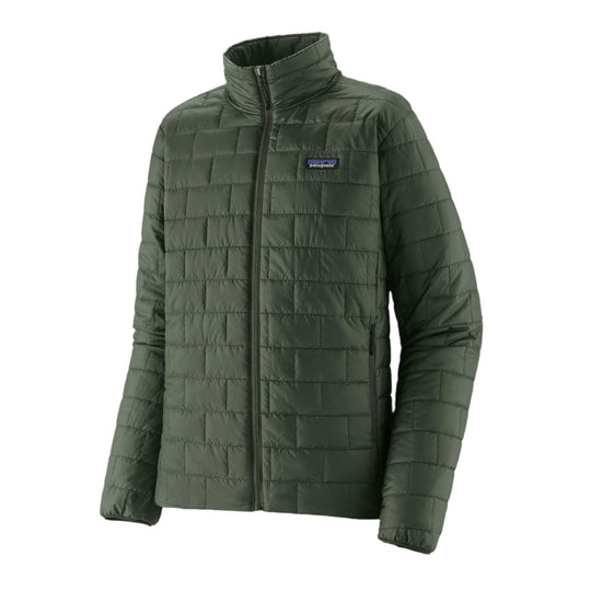 Olive green Patagonia Nano Puff jacket with a brick-quilted design, full-zip front, and chest logo on a white background.