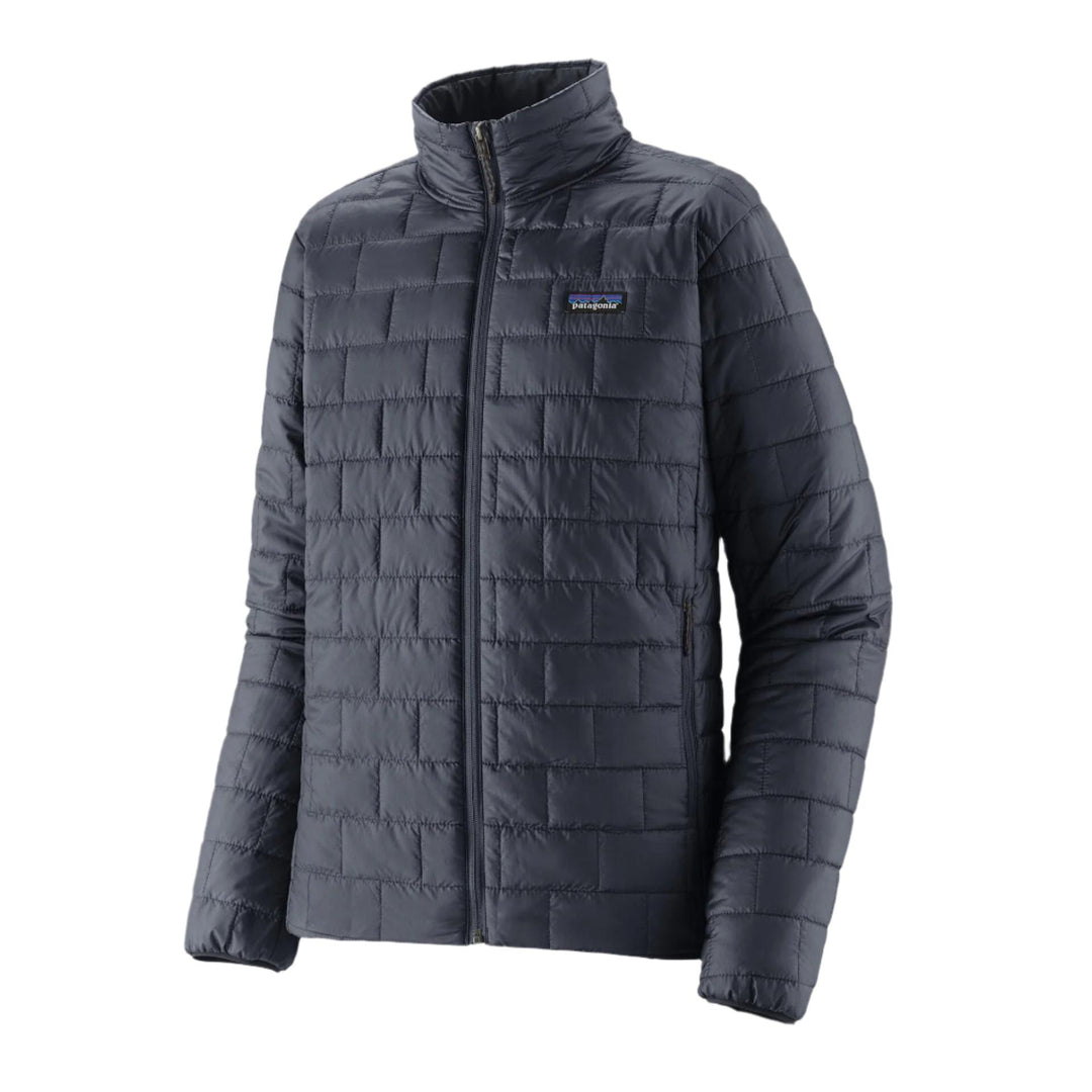 Patagonia Men's Nano Puff jacket in dark navy with a quilted brick pattern, full-zip front, and chest logo.
