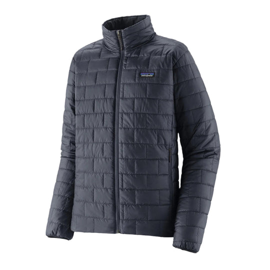 Patagonia Men's Nano Puff jacket in dark navy with a quilted brick pattern, full-zip front, and chest logo.