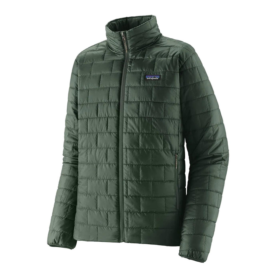 Dark green Patagonia Nano Puff insulated jacket with brick-pattern quilting, full-zip front, and chest logo.