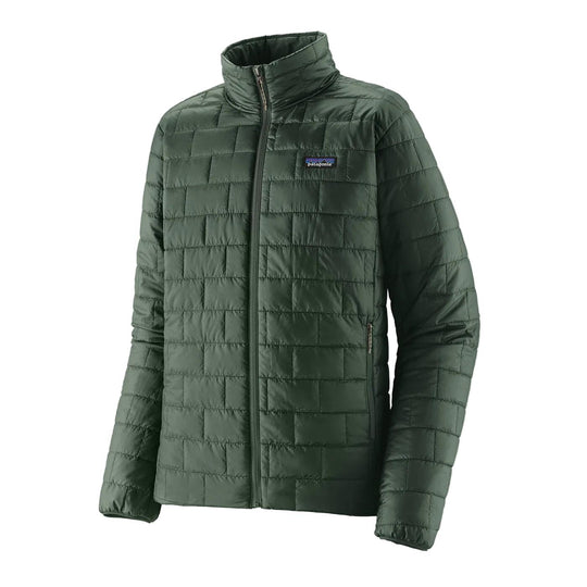 Dark green Patagonia Nano Puff insulated jacket with brick-pattern quilting, full-zip front, and chest logo.