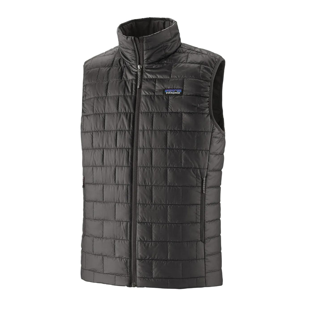Black Patagonia Nano Puff vest featuring a brick-quilted recycled polyester shell, full-zip front, and stand-up collar.