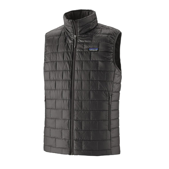Black Patagonia Nano Puff vest featuring a brick-quilted recycled polyester shell, full-zip front, and stand-up collar.