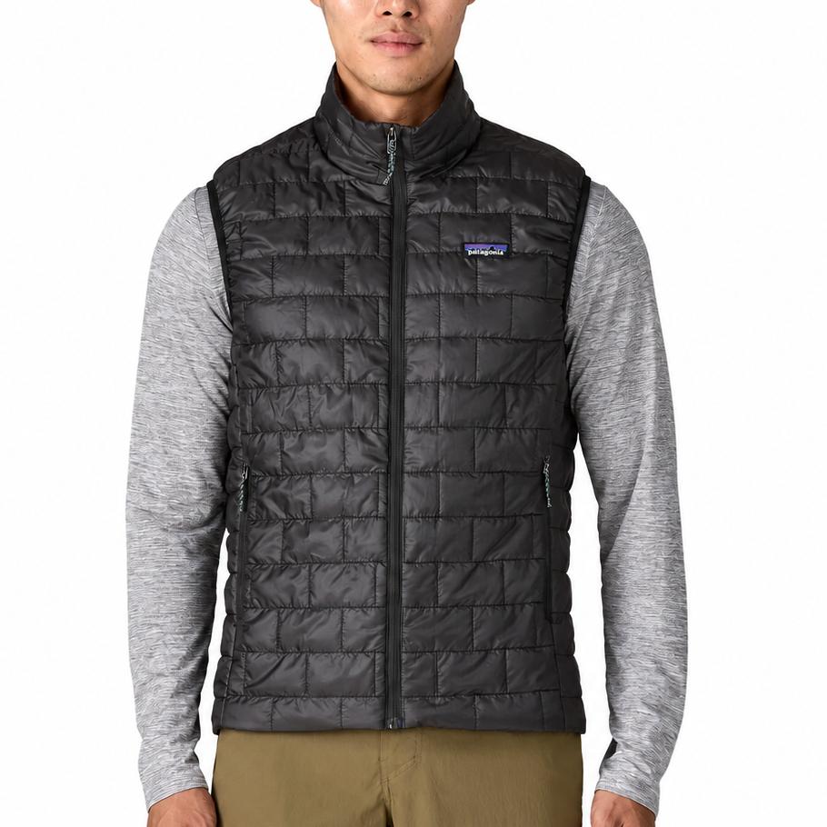 Black Patagonia Nano Puff vest featuring horizontal brick quilting, a full-zip front, and a stand-up collar.