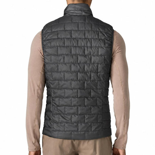 Back view of a black Patagonia Nano Puff vest featuring horizontal brick quilting and a lightweight recycled ripstop shell.