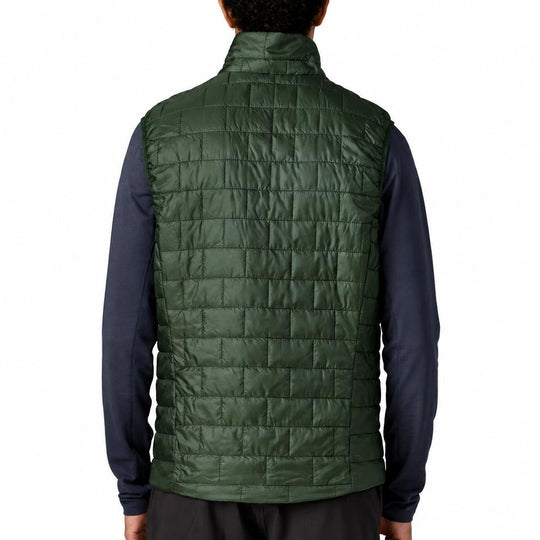 Back view of a dark green Patagonia Nano Puff vest featuring durable horizontal brick quilting and a lightweight ripstop shell.