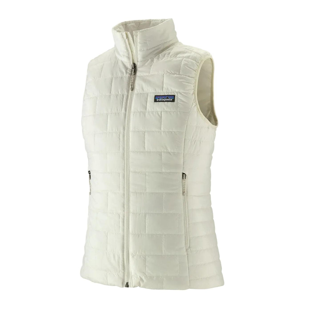 Off-white Patagonia Women's Nano Puff vest with brick quilting, full-zip front, and zippered handwarmer pockets.