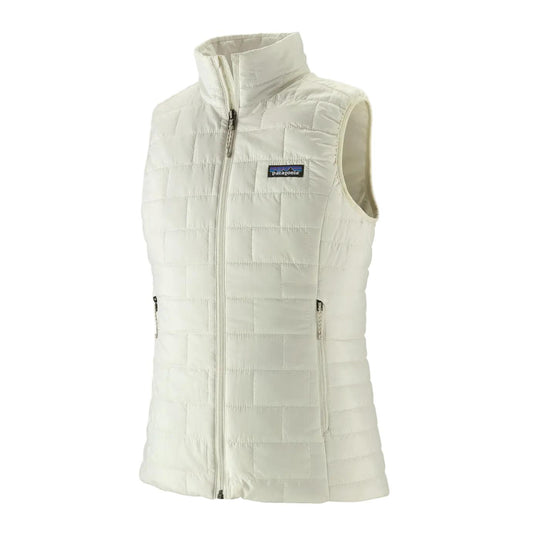 Off-white Patagonia Women's Nano Puff vest with brick quilting, full-zip front, and zippered handwarmer pockets.