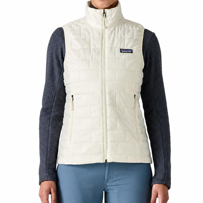Off-white Patagonia Nano Puff vest featuring brick quilting, a full-zip front, and zippered handwarmer pockets.