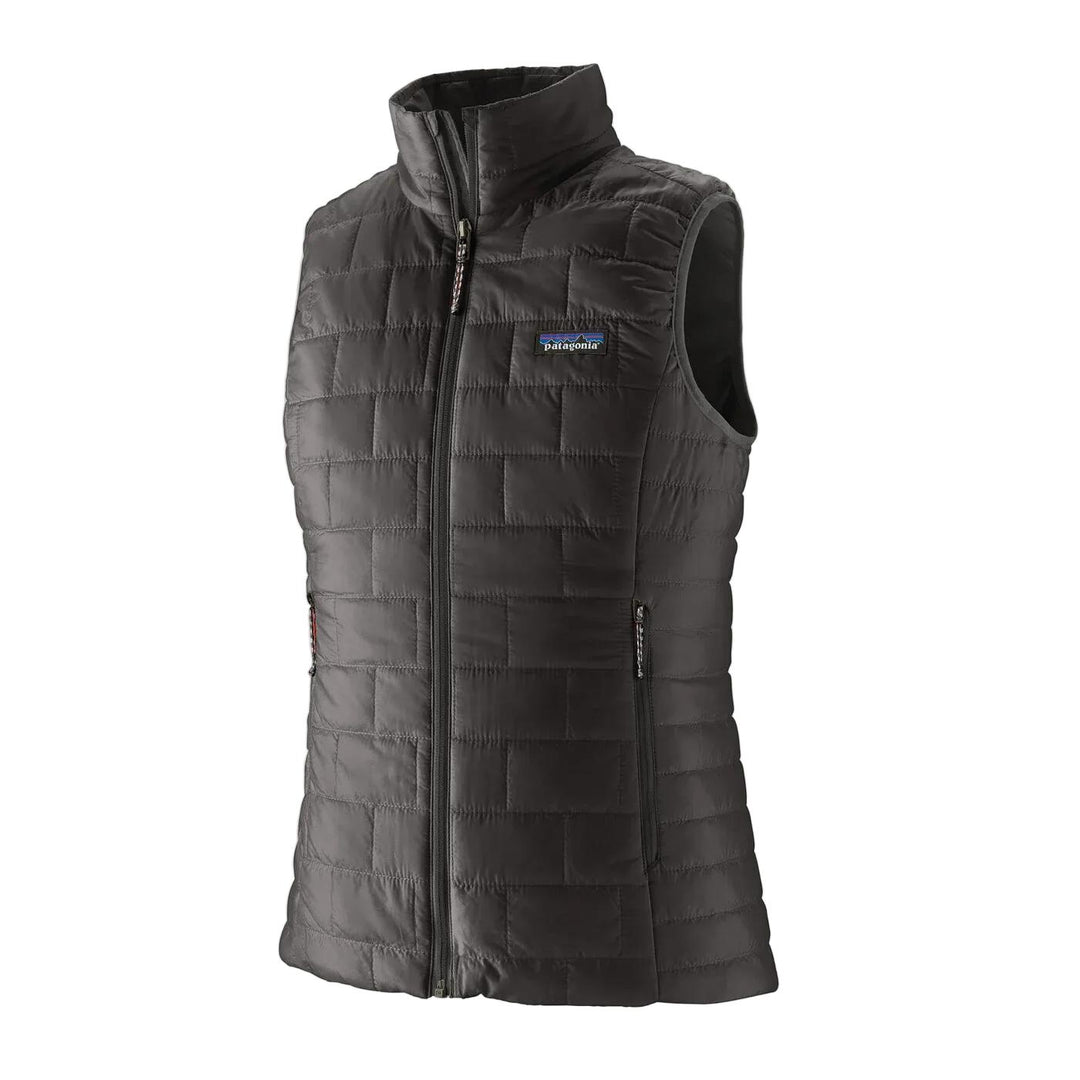 Black Patagonia Nano Puff vest with brick quilting, full-zip front, and stand-up collar on a white background.