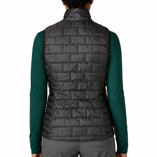 Back view of a black Patagonia Nano Puff vest featuring a brick quilting pattern and lightweight ripstop shell.