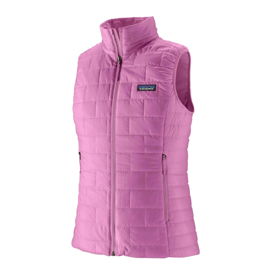 Patagonia Women's Nano Puff vest in pink with brick quilting, full-zip front, and zippered handwarmer pockets.