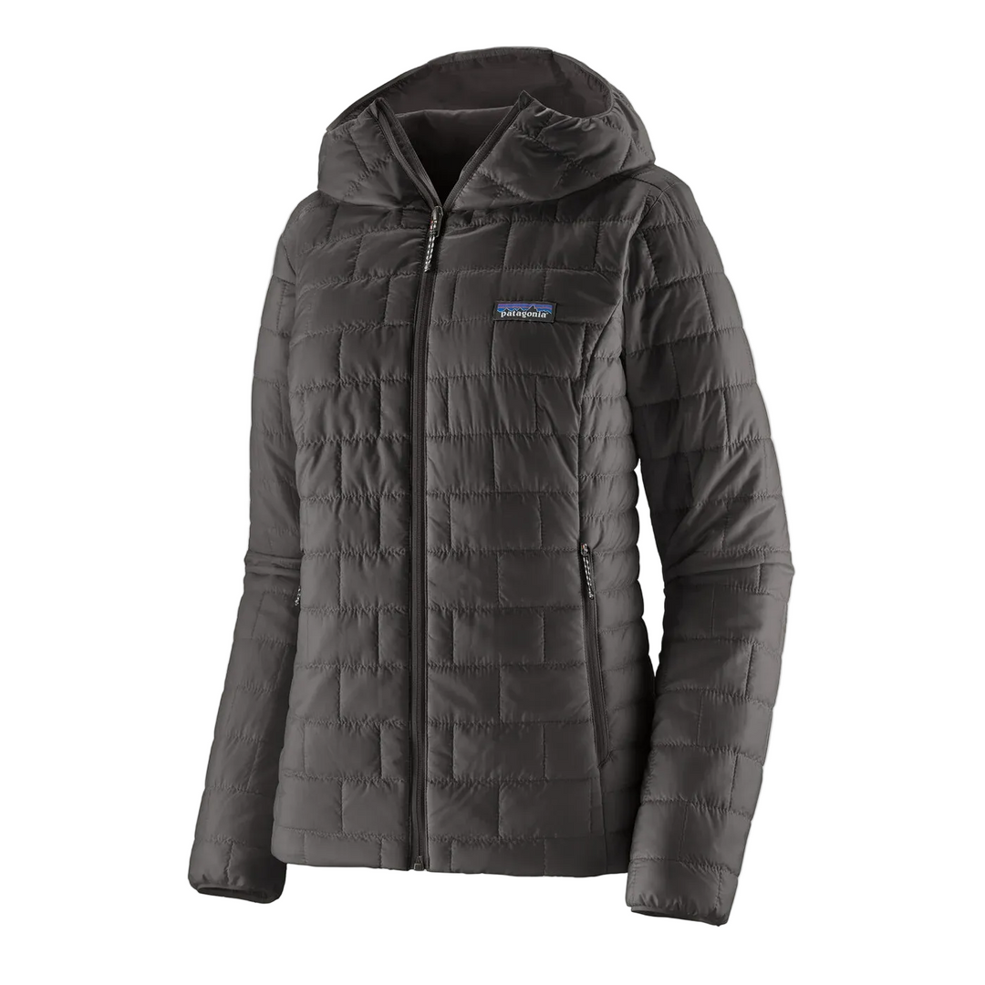 Black Patagonia Women's Nano Puff Hoody with horizontal quilting, front zipper, and hood on a white background.