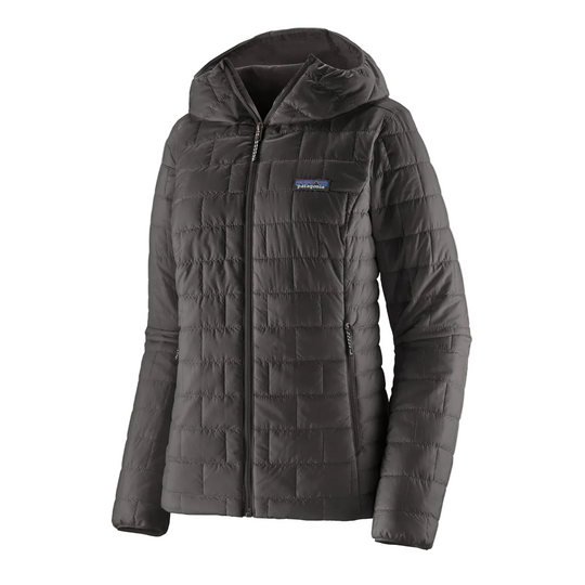Black Patagonia Women's Nano Puff Hoody with horizontal quilting, front zipper, and hood on a white background.