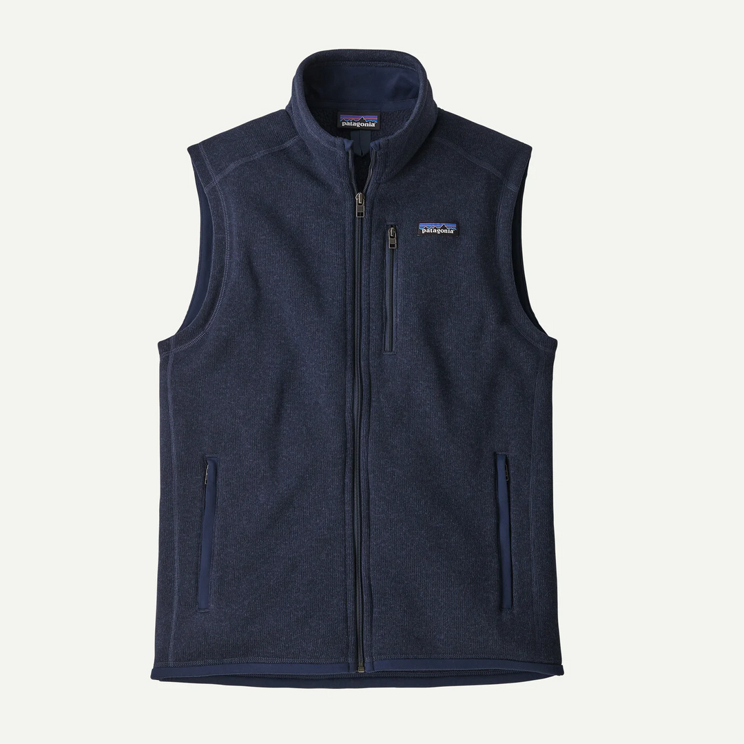 Navy blue Patagonia Better Sweater fleece vest with a full-zip front, stand-up collar, and zippered chest pocket.