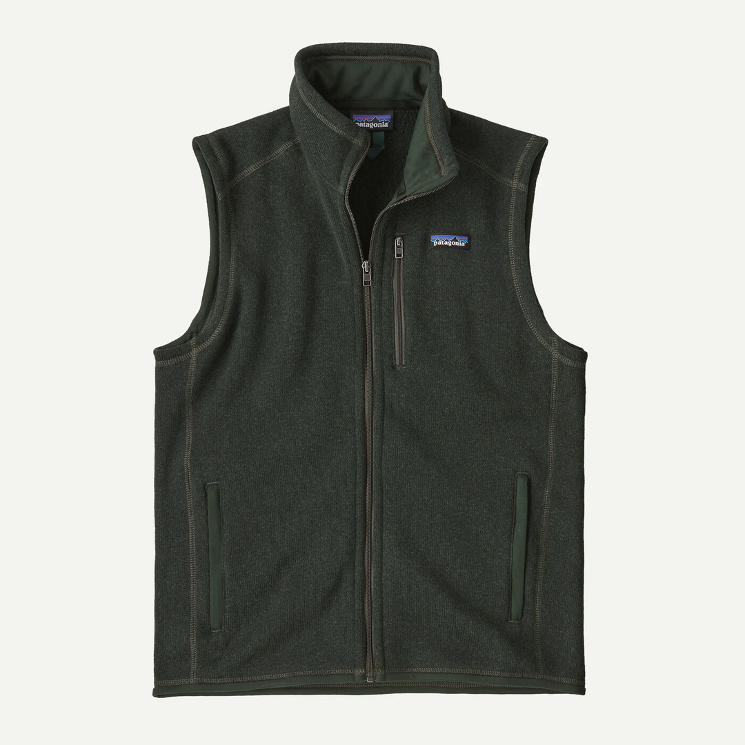 Dark green Patagonia Better Sweater fleece vest with a full-zip front, stand-up collar, and zippered chest pocket.