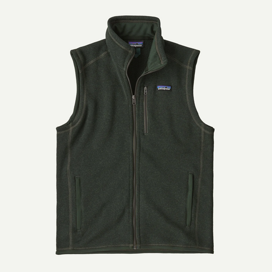 Dark green Patagonia Better Sweater fleece vest with a full-zip front, stand-up collar, and zippered chest pocket.