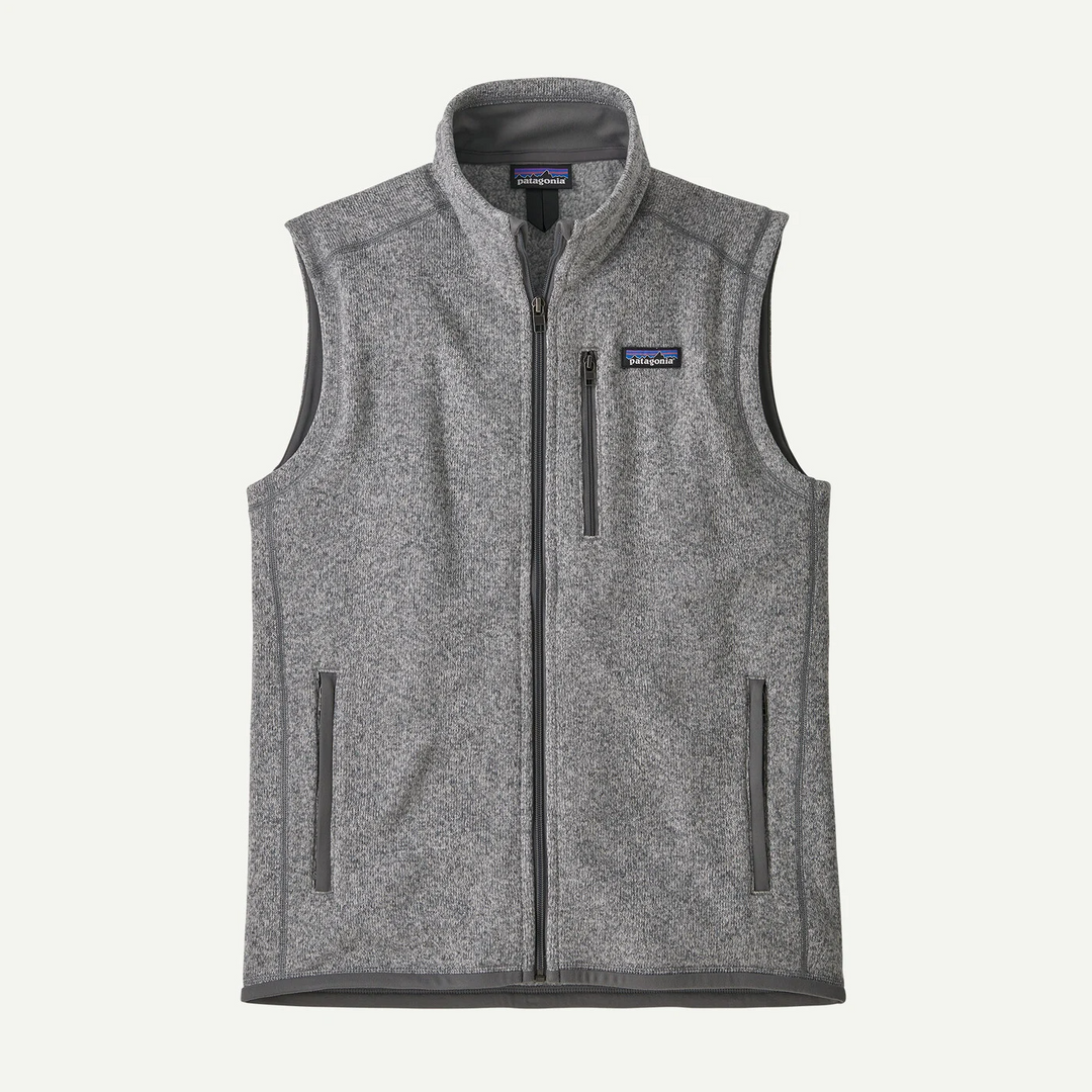 Grey Patagonia Better Sweater fleece vest with a full-zip front, stand-up collar, and zippered chest and side pockets.