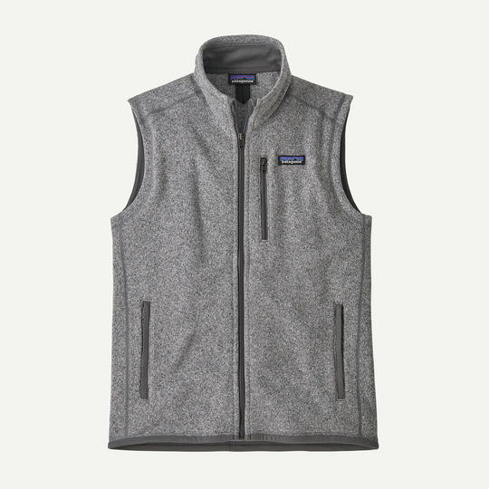 Grey Patagonia Better Sweater fleece vest with a full-zip front, stand-up collar, and zippered chest and side pockets.