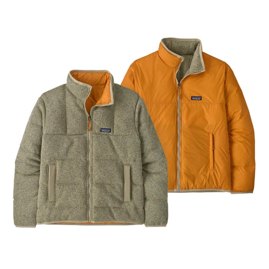 Patagonia reversible down jacket featuring a tan knit fleece side and an orange nylon ripstop shell side.
