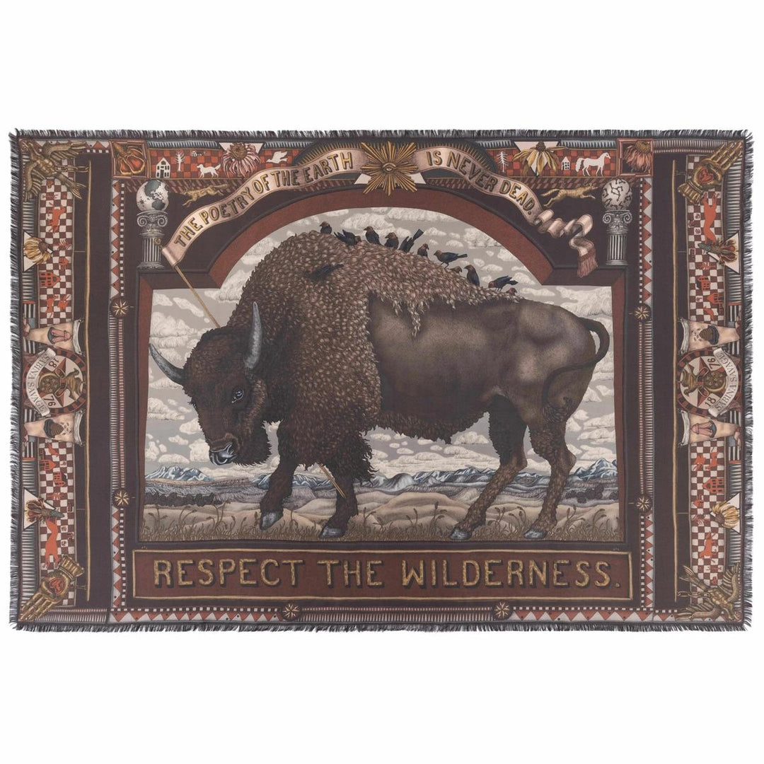 Rectangular silk scarf featuring a brown bison, folk art motifs, and the text Respect the Wilderness in earth tones.
