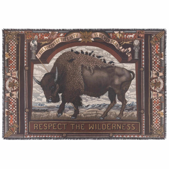Rectangular silk scarf featuring a brown bison, folk art motifs, and the text Respect the Wilderness in earth tones.