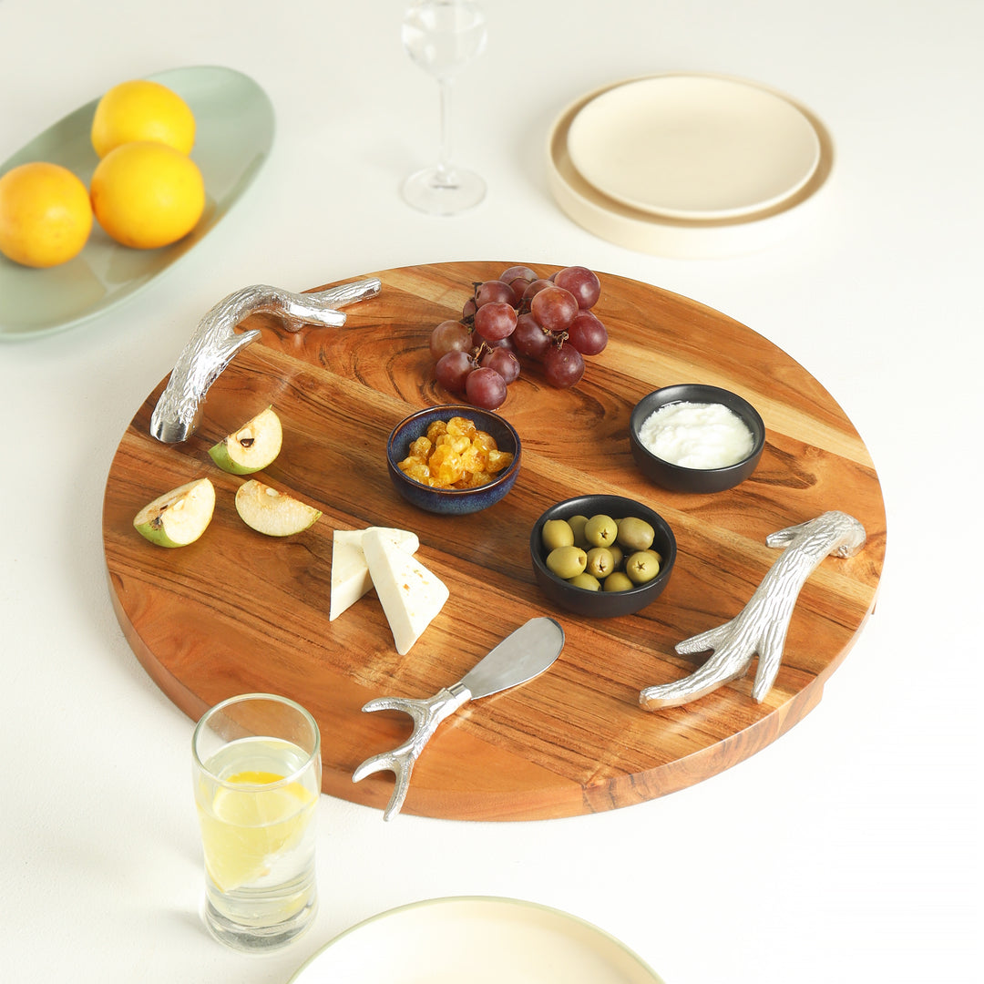 Round Acacia Tray with Aluminum Antler Handles-Home/Giftware-Kevin's Fine Outdoor Gear & Apparel