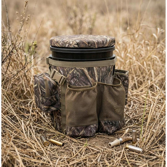 A camouflage hunting bucket with mesh side pockets and a lid, sitting on dry grass with shotgun shells scattered around it.