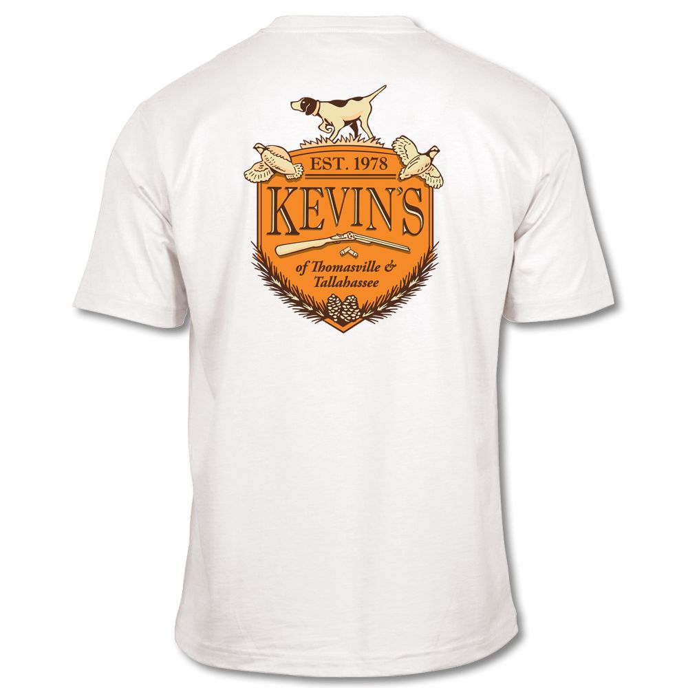 White short-sleeve cotton t-shirt featuring a Kevin's Crest hunting-themed graphic on the back.